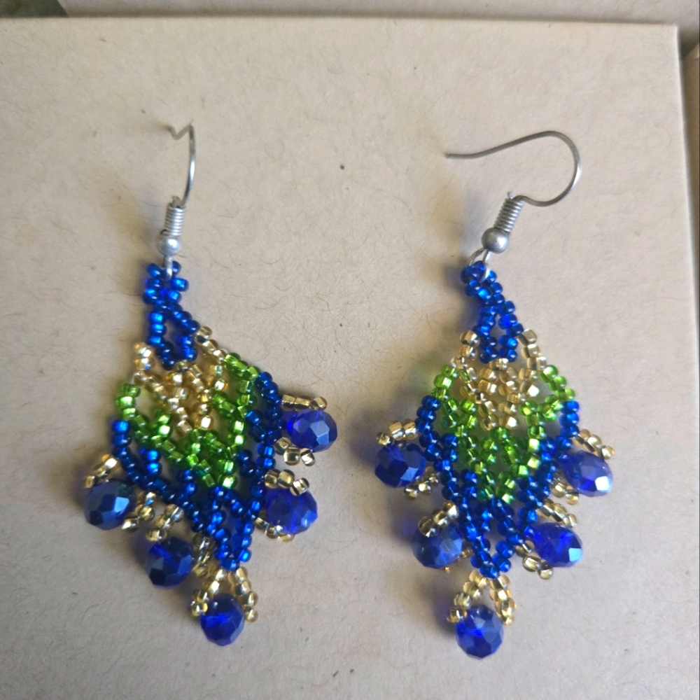 Blue and Gold Butterfly Earrings with Intricate Beadwork